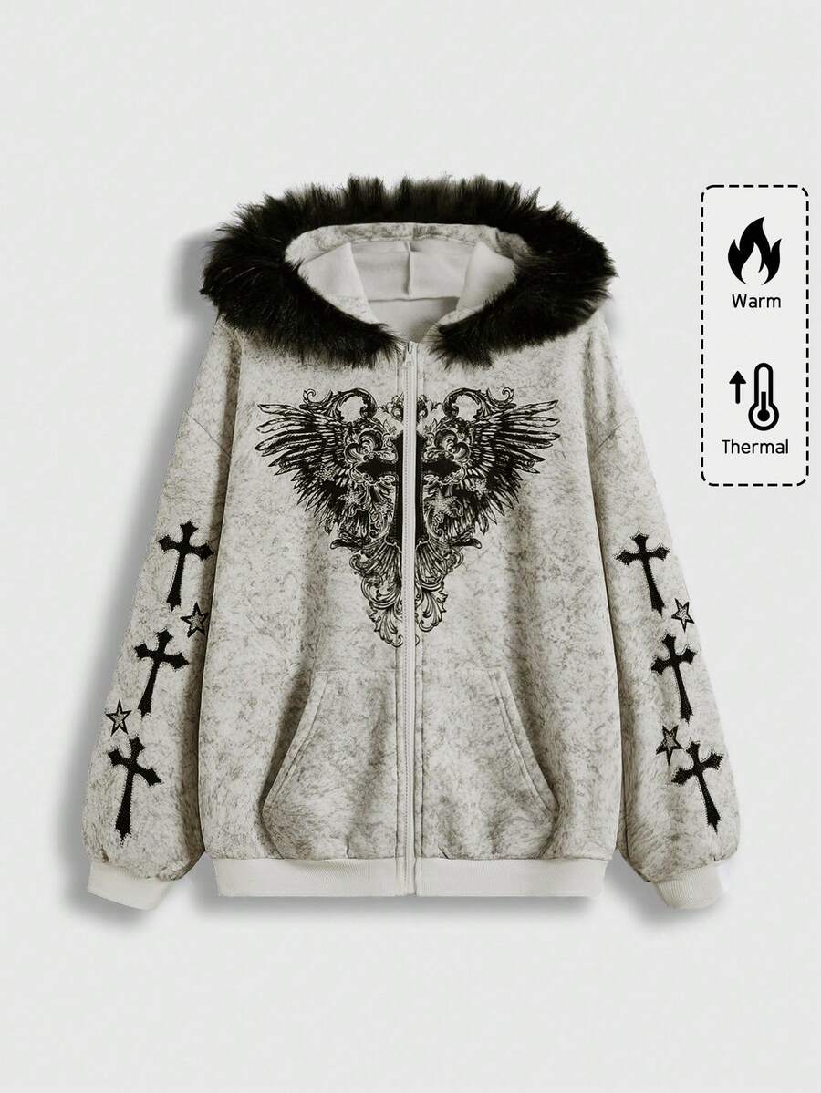 ROMWE Fairycore Women's Kpop Cross Print Thermal Lined Hooded Sweatshirt With Zipper Front, Distressed Wash, Autumn/Winter - Light Grey - View 1