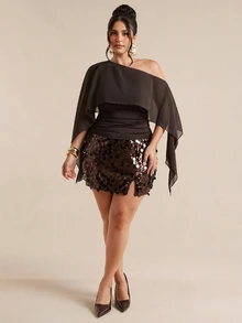 SHEIN BAE CURVE Plus Size Women's Brown Asymmetrical Shoulder Ruched Fashion Top, Asymmetric Hem Party Night Out ,Halloween,Going Out,Casual,Y2k ,Sexy,Basic,Prom Tops - Brown - View 1