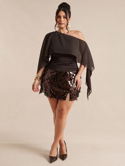 SHEIN BAE CURVE Plus Size Women's Brown Asymmetrical Shoulder Ruched Fashion Top