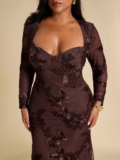 SHEIN BAE CURVE Plus Size Women Brown Polka,Autumn,Elegant,Formal Embroidered Mesh Vintage Dress,Wedding Guest Cocktail Birthday Party,New Year's Eve Outfit,Halloween
