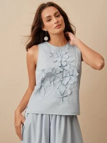 Anewsta New Spring/Summer Beachside Vacation Style Sleeveless Round Neck Tank Top With Intricate Embroidery & 3D Floral Decor For Women - Baby Blue - View 4