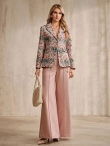 Anewsta Blazer Lengan Panjang Wanita Motif Bunga Kancing Tunggal Kasual untuk Perjalanan Sehari-hari - Berwarna merah muda - View 3
