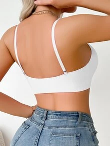 SHEIN Women's Wire-Free Padded Bra, Invisible Lifting Side White Ribbed Bra, V-Neck Short Top - White - View 2