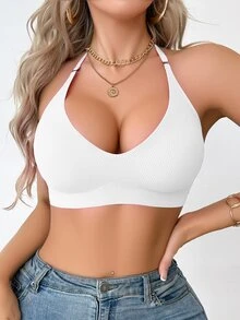 SHEIN Women's Wire-Free Padded Bra, Invisible Lifting Side White Ribbed Bra, V-Neck Short Top - White - View 3