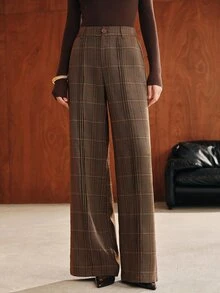 Anewsta Fall Winter Outfits Vintage Plaid High Waist Front Crease Straight Leg Long Pants Suit Pants, Suitable For Commute, Daily Wear - Multicolor - View 2