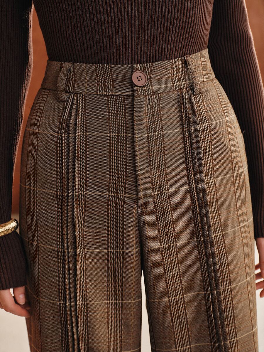 Anewsta Fall Winter Outfits Vintage Plaid High Waist Front Crease Straight Leg Long Pants Suit Pants, Suitable For Commute, Daily Wear - Multicolor - View 1