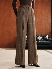 Anewsta Fall Winter Outfits Vintage Plaid High Waist Front Crease Straight Leg Long Pants Suit Pants, Suitable For Commute, Daily Wear - Multicolor - View 5