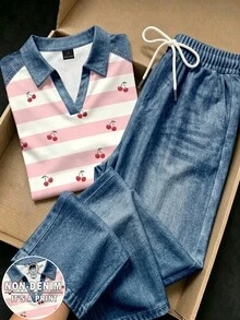 Resyla Women's Cherry Pattern Colorblock Top And Drawstring Waist Long Pants Casual Daily 2 Pieces Set - Multicolor - View 1