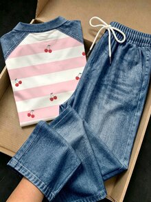 Resyla Women's Cherry Pattern Colorblock Top And Drawstring Waist Long Pants Casual Daily 2 Pieces Set - Multicolor - View 2
