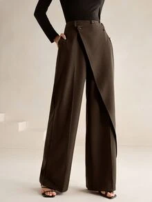 Anewsta Essential Women's New Professional Commute Minimalist Versatile Design Asymmetrical Patchwork High Waist Drape Straight Leg Pants - Mocha Brown - View 4