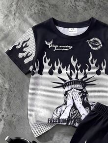 Young Boy Streetwear 2 Pcs Set - Casual Statue Of Liberty & Flame Graphic Print Short Sleeve T-Shirt And Elastic Waist Shorts, Cool Summer Outfits - Multicolor - View 4