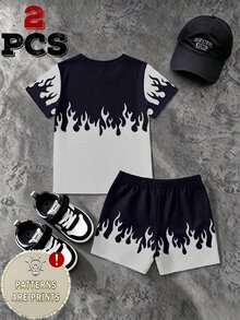 Young Boy Streetwear 2 Pcs Set - Casual Statue Of Liberty & Flame Graphic Print Short Sleeve T-Shirt And Elastic Waist Shorts, Cool Summer Outfits - Multicolor - View 2
