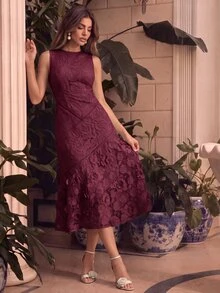 Anewsta 女款春夏優雅圓領蕾絲鏤空拼接洋裝 - 酒紅色 - 查看 7