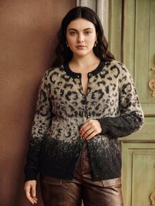 Anewsta Plus Size Leopard Print Sequin Long Sleeve Knit Cardigan Formal Night Brown Autumn Elegant Casual Winter - Multicolor - View 3