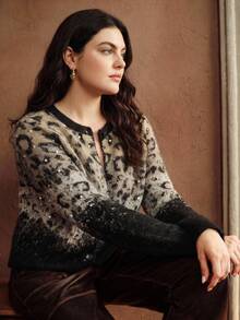 Anewsta Plus Size Leopard Print Sequin Long Sleeve Knit Cardigan Formal Night Brown Autumn Elegant Casual Winter - Multicolor - View 4