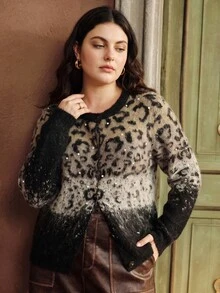 Anewsta Plus Size Leopard Print Sequin Long Sleeve Knit Cardigan Formal Night Brown Autumn Elegant Casual Winter - Multicolor - View 5