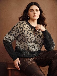 Anewsta Plus Size Leopard Print Sequin Long Sleeve Knit Cardigan Formal Night Brown Autumn Elegant Casual Winter - Multicolor - View 2