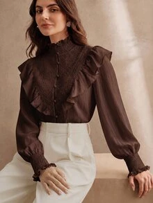 Anewsta Women's New Pink Stand Collar Shirred Patchwork Lace French Romantic Ruffle Long Sleeve Blouse - Coffee Brown - View 2
