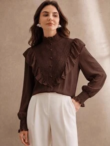 Anewsta Women's New Pink Stand Collar Shirred Patchwork Lace French Romantic Ruffle Long Sleeve Blouse - Coffee Brown - View 7