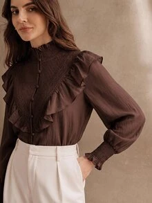 Anewsta Women's New Pink Stand Collar Shirred Patchwork Lace French Romantic Ruffle Long Sleeve Blouse - Coffee Brown - View 3
