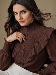 Anewsta Women's New Pink Stand Collar Shirred Patchwork Lace French Romantic Ruffle Long Sleeve Blouse - Coffee Brown - View 1