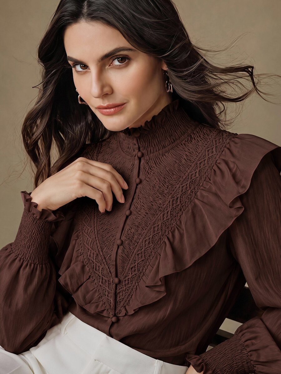 Anewsta Women's New Pink Stand Collar Shirred Patchwork Lace French Romantic Ruffle Long Sleeve Blouse - Coffee Brown - View 1