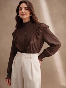 Anewsta Women's New Pink Stand Collar Shirred Patchwork Lace French Romantic Ruffle Long Sleeve Blouse - Coffee Brown - View 5