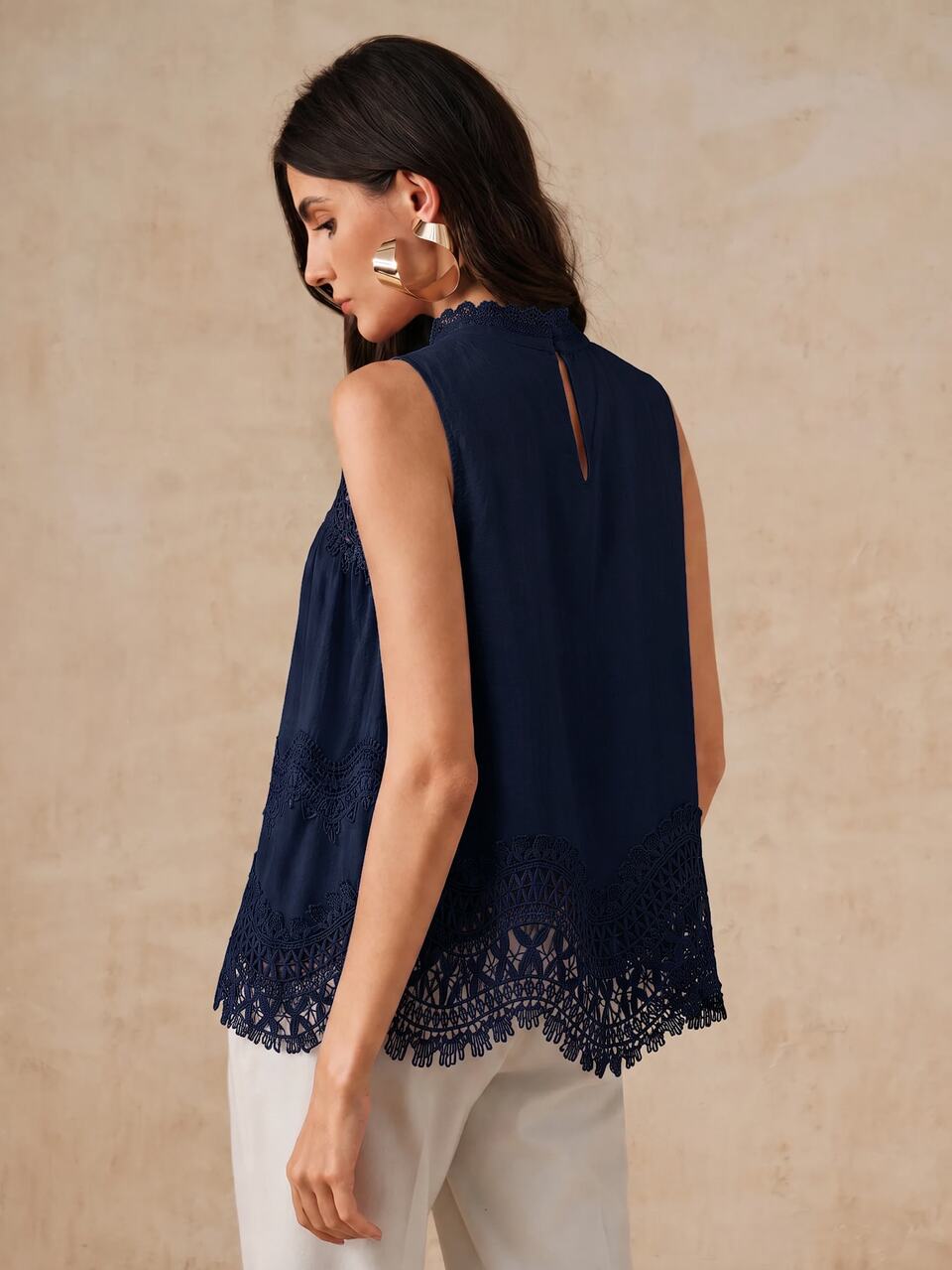 Women's Fall Elegant Romantic Navy Blue Hollow Asymmetrical Lace Patchwork Stand Collar Sleeveless Top For Date Night Party