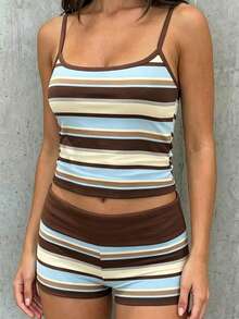 SHEIN EZwear 夏季撞色滚边修身吊带背心和短裤套装 - 彩色 - 查看 3