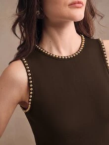 Anewsta Essential Women's Modern New Fall/Winter Brown And Gold Studded Decor Minimalist Elegant Fashion Round Neck Tank Top For Commute And Holiday Outfits - Brown - View 1