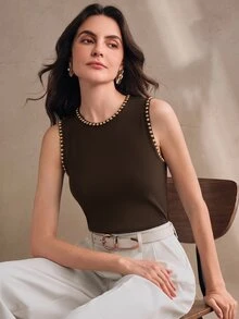 Anewsta Essential Women's Modern New Fall/Winter Brown And Gold Studded Decor Minimalist Elegant Fashion Round Neck Tank Top For Commute And Holiday Outfits - Brown - View 2