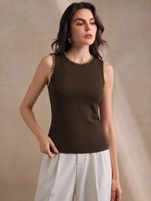 Anewsta Essential Women's Modern New Fall/Winter Brown And Gold Studded Decor Minimalist Elegant Fashion Round Neck Tank Top For Commute And Holiday Outfits - Brown - View 7