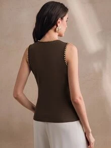 Anewsta Essential Women's Modern New Fall/Winter Brown And Gold Studded Decor Minimalist Elegant Fashion Round Neck Tank Top For Commute And Holiday Outfits - Brown - View 8
