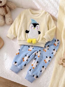 SHEIN Kids Newborn Cute 3D Pattern Kids Shoulder Soft Comfortable Pullover Autumn Top Casual Versatile Fuzzy Print Long Pants Set Suitable For Winter - Blue and White - View 6
