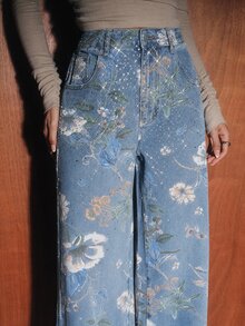 Anewsta Women's New Fashion Printed Fabric Heavy Rhinestone Embellished Blue Straight Leg Jeans - Blue - View 6