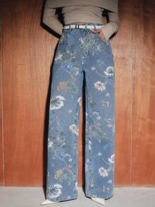 Anewsta Women's New Fashion Printed Fabric Heavy Rhinestone Embellished Blue Straight Leg Jeans - Blue - View 5