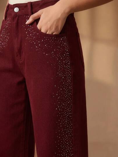 Anewsta Women's Fall/Winter Silver Sequin New Elegant Valentine's Day Women's Day Heavy Rhinestone Straight Leg Jeans For Night Out Going Out