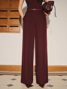 Anewsta Women's Solid Color Casual Daily Wear Suit Pants - Burgundy - View 5
