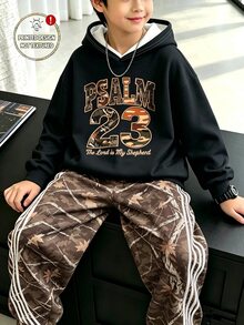 2件組青少年男孩連帽衫套裝 街頭風黑色大地色迷彩字母印花長袖寬鬆連帽上衣 秋冬校園穿搭 - 彩色 - 查看 4