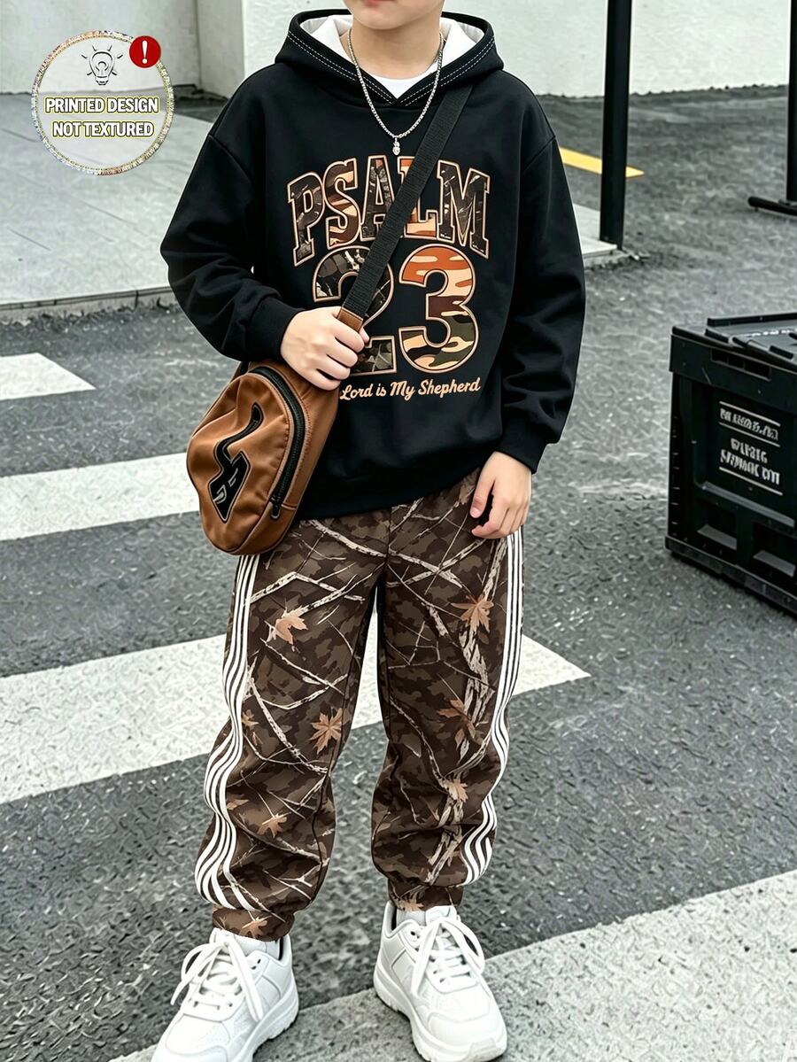 2件組青少年男孩連帽衫套裝 街頭風黑色大地色迷彩字母印花長袖寬鬆連帽上衣 秋冬校園穿搭 - 彩色 - 查看 1