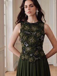 Anewsta Spring/Summer New Valentine's Day Holiday Style Elegant Exquisite Evening Party Floral Embroidery Patchwork Sleeveless Round Neck Waist-Cinching Long Dress For Women