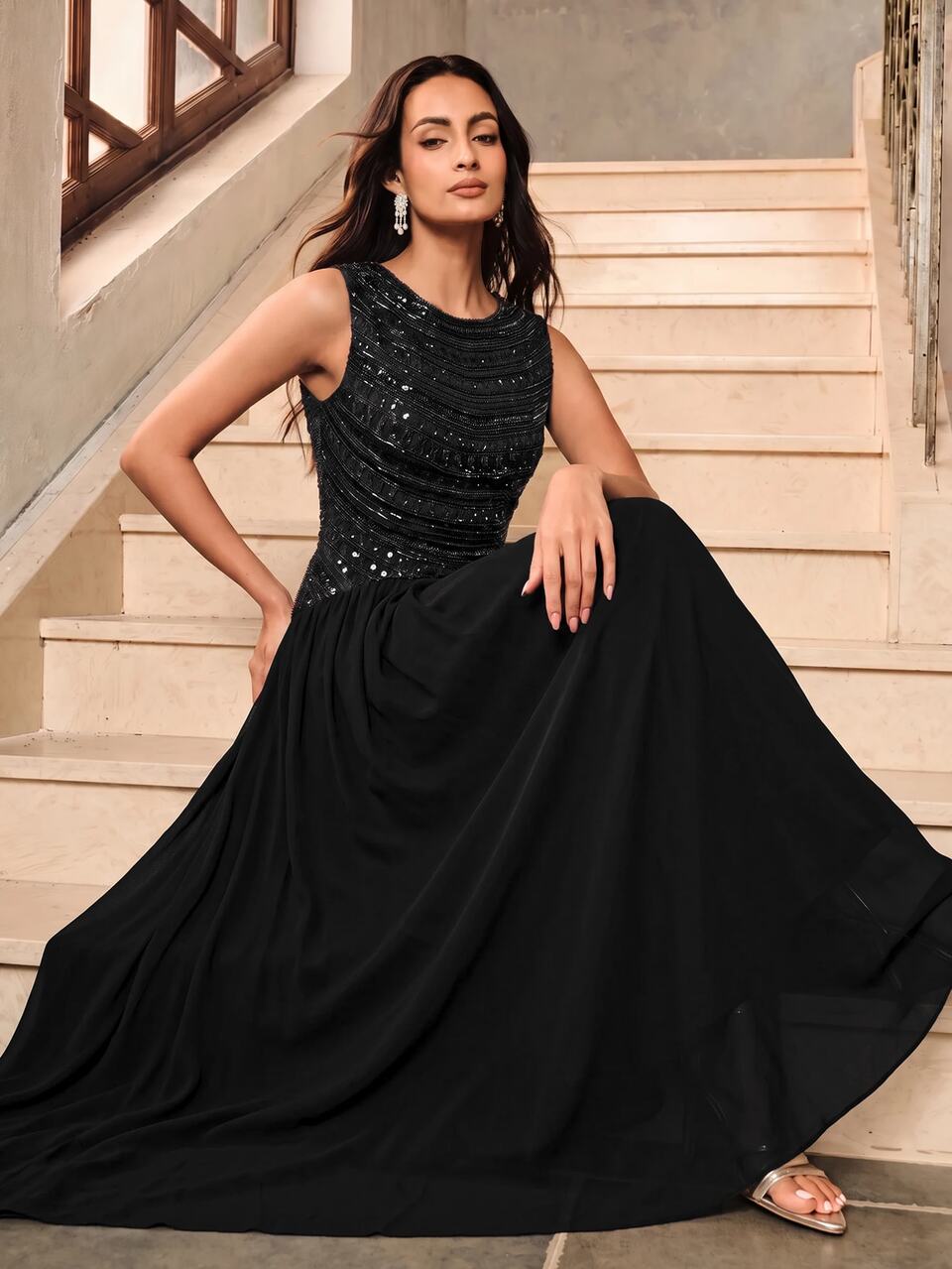 Women's New Elegant Sequin Beaded Pleated Chiffon Waist-Cinching Dress, Suitable For Spring/Summer Daily Wear, Parties, Evening Gowns, Outings And Shopping