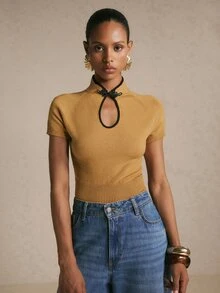 Poéselle Women's Colorblock Casual Versatile Daily Knit Top - Khaki - View 7
