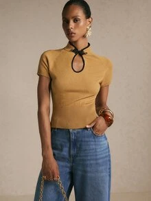 Poéselle Women's Colorblock Casual Versatile Daily Knit Top - Khaki - View 4