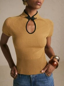 Poéselle Women's Colorblock Casual Versatile Daily Knit Top - Khaki - View 3