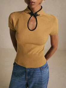Poéselle Women's Colorblock Casual Versatile Daily Knit Top - Khaki - View 6