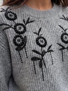 Anewsta Women's Gray Floral Round Neck Knitted Sweater, Heavy Black Floral Beaded Embroidery, Lantern Long Sleeve, Soft Loose Fit, Autumn/Winter Commute Inner Layer Pullover Top - Dark Grey - View 1