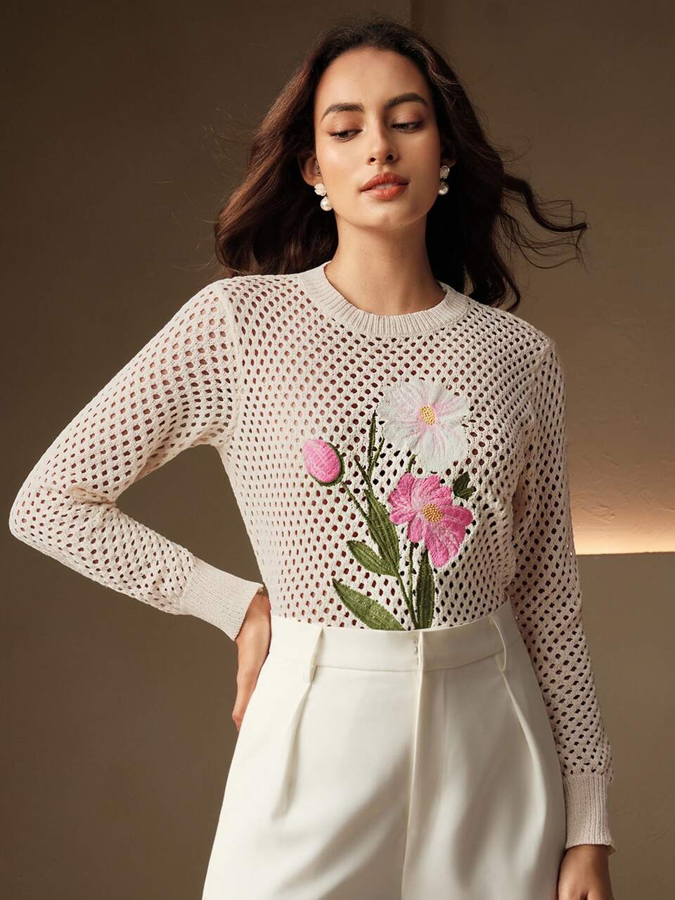 French Elegant Dignified Ornate Floral Embroidery Hollow Out Crew Neck Sweater, Autumn/Winter Knit Pullover Fall
