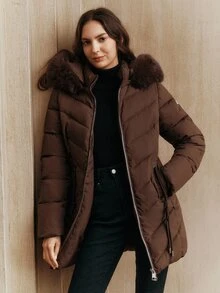 Anewsta 女士时尚休闲中长款连帽可拆卸人造毛领羽绒服，适合秋季、冬季、新年、派对、婚礼、优雅、时尚、潮流、圣诞节、节日等场合穿着。 - 咖啡棕 - 查看 6