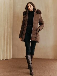 Anewsta 女士时尚休闲中长款连帽可拆卸人造毛领羽绒服，适合秋季、冬季、新年、派对、婚礼、优雅、时尚、潮流、圣诞节、节日等场合穿着。 - 咖啡棕 - 查看 5